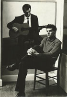 Jeffrey Steele artist with his portrait of a friend with Spanish guitar taken by David Mathias early 1950s